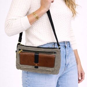 Fossil Striped Canvas & Leather Crossbody Adjustable Strap Bag Brown